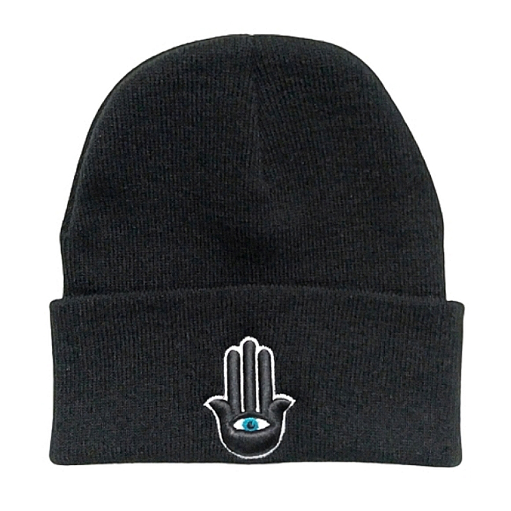 Spiritual Hamsa Hand 3rd Eye 3D Embroidered Black Cuffed Beanie Hat Beanie Cap